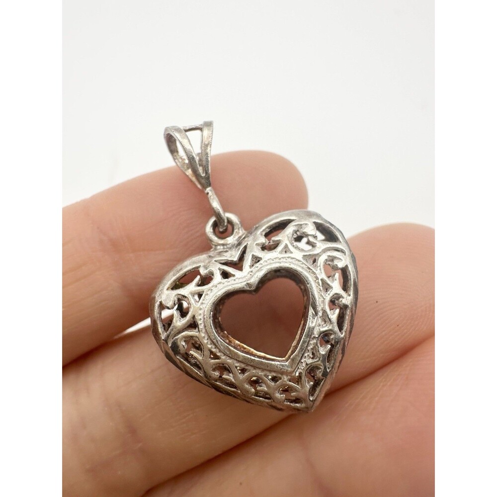 Sterling Silver 925 Filigree Puffy Heart Cutout   Pendant